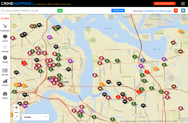 Screenshot of CrimeMapping for Jacksonville Sheriff's Office